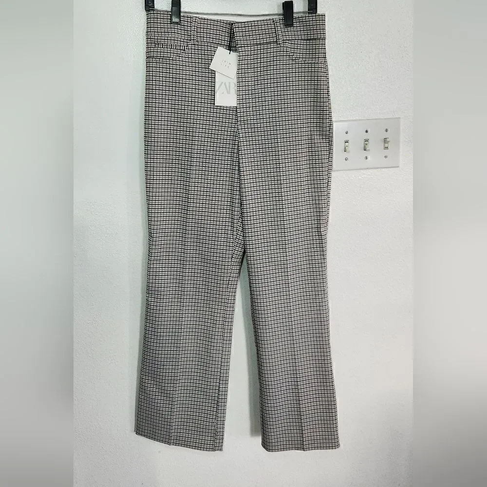 NWT Zara Plaid Beige And Black High Rise Flare Pants Size Large - Picture 4 of 13